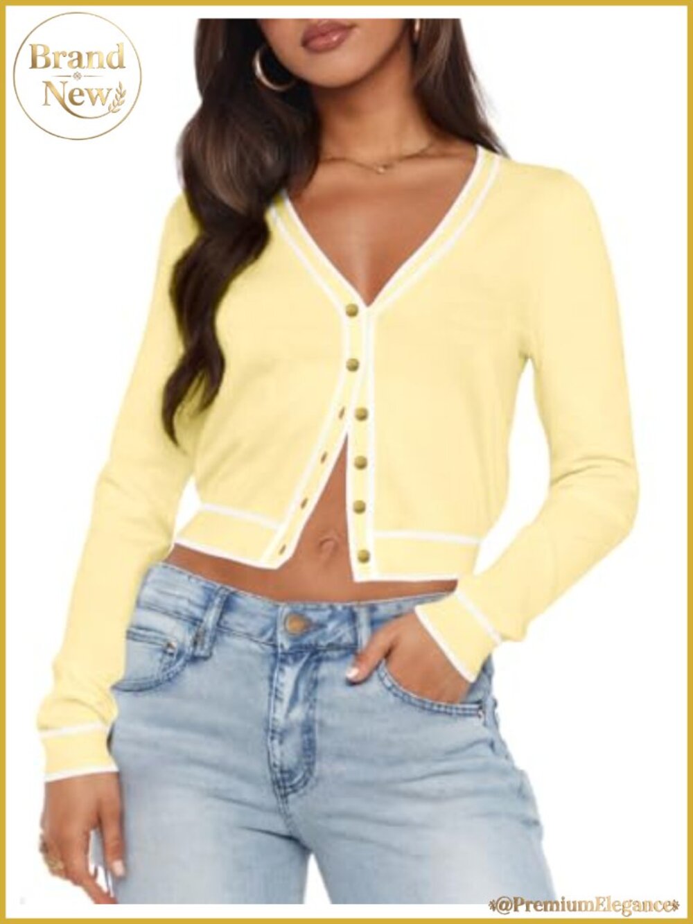 Women's V Neck Cropped Cardigan Knit Sweater, Open Front, Puff Sleeve